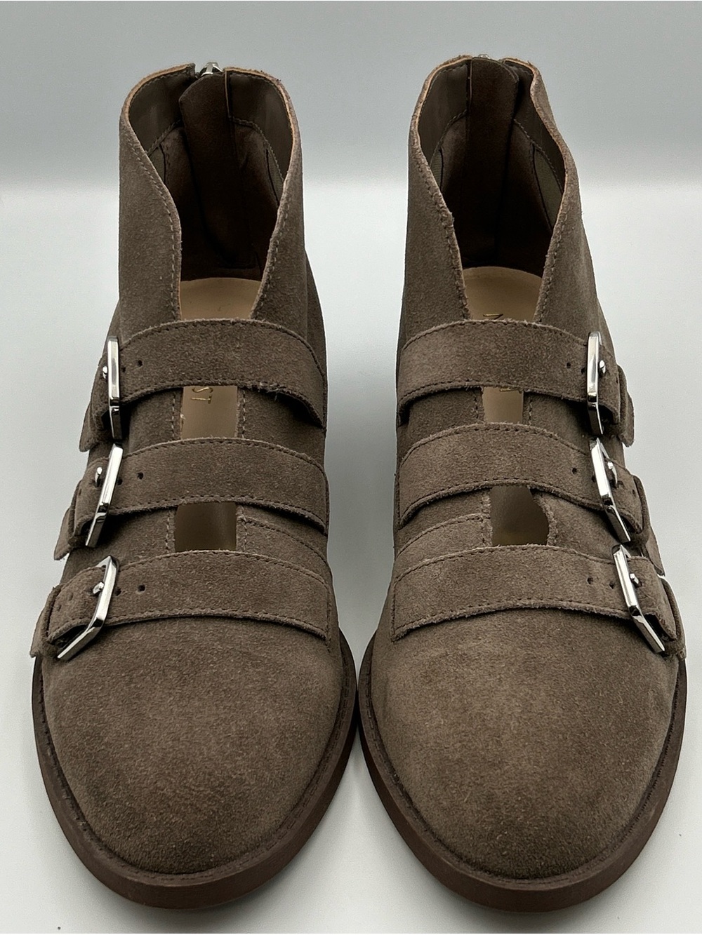 Nine West Kigero Harness Ankle Boot Womens 7.5M Gray Suede Triple Buckle Moto